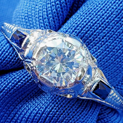 Original EARTH MINED DIAMOND Deco Engagement Ring Vintage Sapphire Solitaire 14K