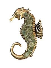 Gold Tone Seahorse Brooch Pin With Mosaic Jade Inset
