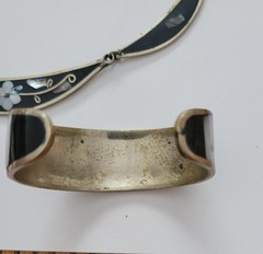 Vintage Mexico Alpaca Silver Inlay Cuff Necklace & Earrings Set Southwest