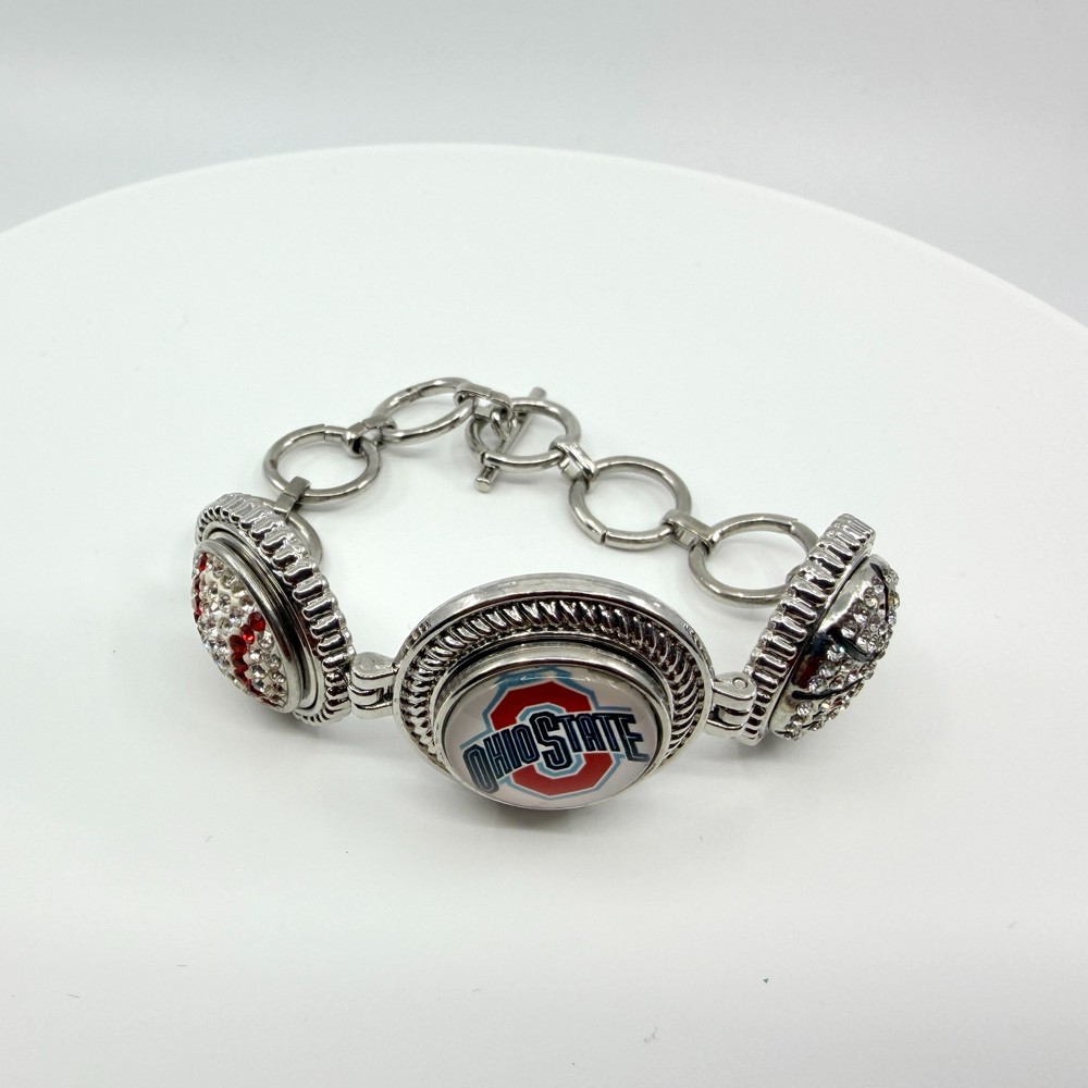 Silver Tone Red White Rhinestone Collegiate Fan Bracelet Ohio Sports Team Boho