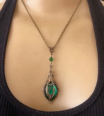 Vintage Necklace Art Nouveau Filigree Lavalier Pendant Antique Green Czech Glass