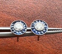 ART DECO STYLE .55 ctw DIAMOND w/ SAPPHIRE HALO PLATINUM EVERYDAY STUD EARRINGS