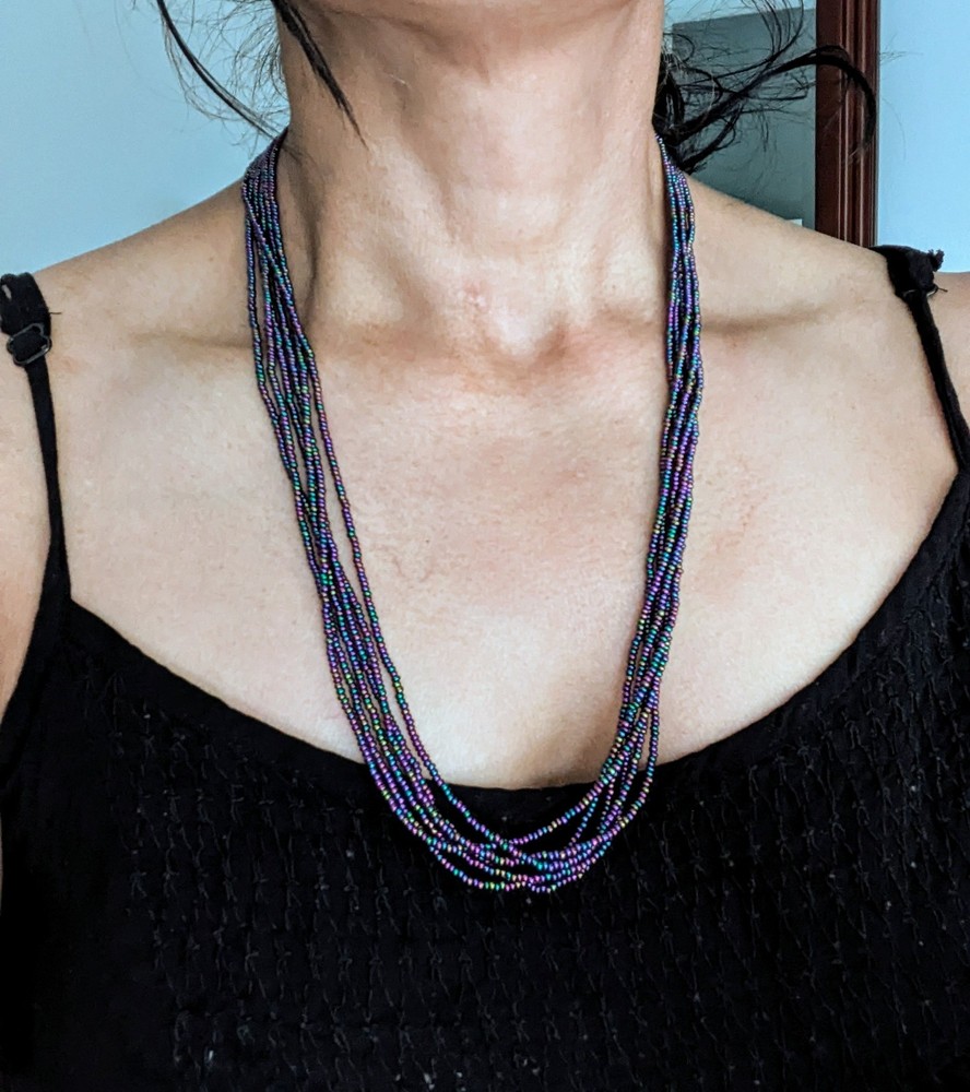 Natural Nepal Glass Seed Bead Multi Strand Necklace. Iridescent Peacock Blue 22″