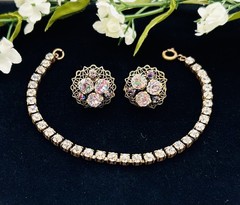 Vtg CZECH Screw-back Cluster EARRINGS and BRACELET SET-Gold Tone-RHINESTONE