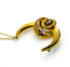Antique Victorian Crescent Moon Brooch Pendant Glass Gold Filled Necklace