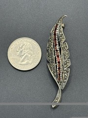 Vintage Sterling Silver Marcasite Red Garnet Leaf Brooch Pin 8 Grams B18