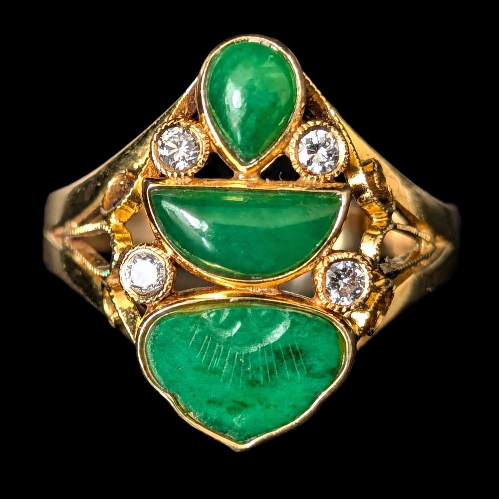 Vintage Carved Jade Diamonds 14k Yellow Gold Ring Archaeological Revival Gift