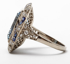 Classic 20TH Century Filigree Style Old Mine Cut Aquamarine, Sapphire & CZ Ring