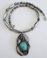 VINTAGE NAVAJO STERLING PENDANT & BENCH BEAD NECKLACE, 2 1/8 IN, 19″ NECKLACE RT