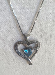 LOVE YOU MOM Sterling Silver Open Heart Blue Stone 18″ Necklace SIGNED LONG WAY