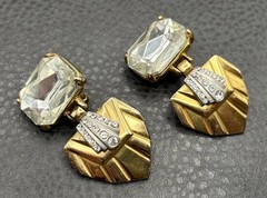 Vintage Runway Art Deco Style Crystal Drop Clip On Earrings Gold Tone Chunky