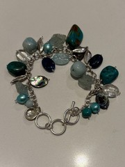 Vintage Signed Sajen 925 Sterling Silver Multi-Gemstone Charm Bracelet Moon Face