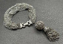 Vintage Silver Tone Multi-Strand Chain Bracelet Ornate Filigree Tassel Charm