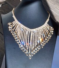 VTG Navette Bibb Necklace Gold Tone Statement AB Glass Graduated Reversible 1950
