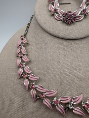 Vintage Pink Enamel Rhinestone Necklace And Pin Set- See Description