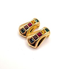 Vintage Gold Tone Clip On Earrings Multi Color Crystal Jewel Tone Rainbow Multi
