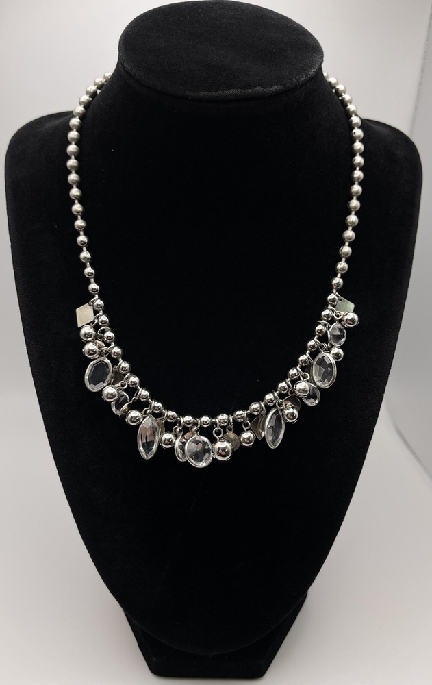 Vintage Silver Tone Ball Bearings Hanging Ball, Shapes & Crystal 16.5” Necklace