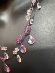 Triple Wire Bead Necklace Pink Purple Faceted Rhinestone Teardrop Dangles Retro