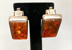 Vintage 925 Sterling Silver Genuine AMBER Oblong CLIP ON Earrings 3/4” Long EC