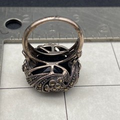 Vintage Art Deco Faceted Black Sterling Silver Marcasite Ring Size 8.25
