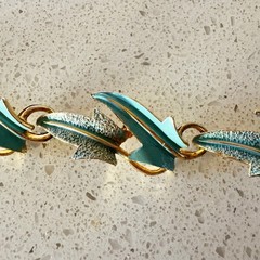 1960’s Signed Mode Art Light Blue Enamel Leaves Bracelet Necklace Clip Earrings