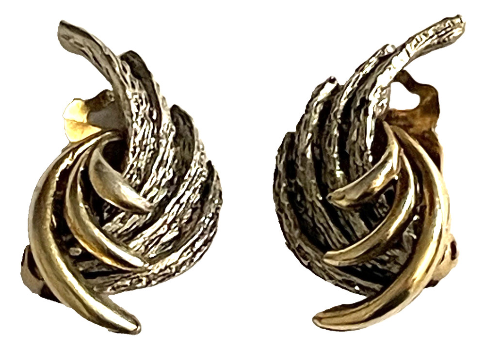 ART MODE ART Clip-On Earrings Silver & Gold Tone Swoosh Feather DECO REVIVAL Vtg