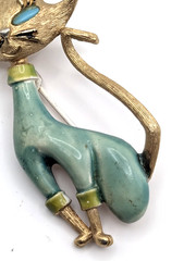 Vintage Atomic Cat Brooch Teal Enamel Gold Tone Mid Century Modern Space Age Pin