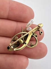 Antique Art Nouveau 14k Yellow Gold Diamond & Pearl Enamel Flower Brooch 5.8g