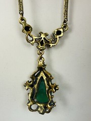 Vintage Unsigned Faux Jade Gems Drop Necklace Earring Set Victorian Style READ