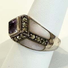Vintage Estate Sterling Silver Amethyst Marcasite Mother of Pearl Ring size 8.5