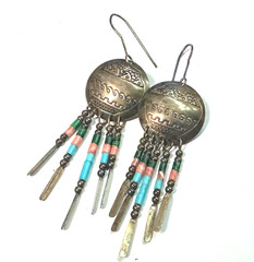 Southwestern Dangle Earrings Turquoise Coral Bead Fringe Vtg Sterling Silver #7