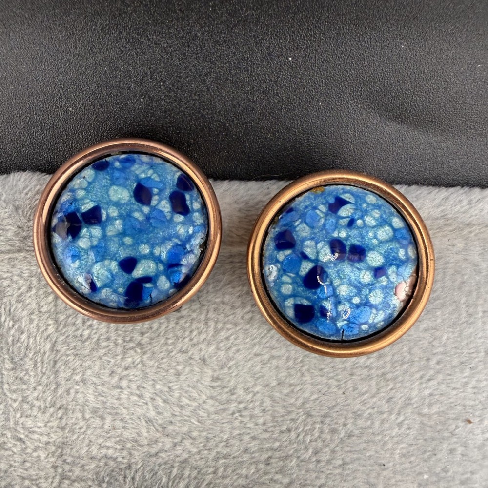 Vintage Matisse Renoir Blue Enamel Earrings Copper Clip Ons Signed
