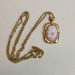 Crown Trifari Necklace Stamp Floral Cameo Pendant Gold Toned Vintage 1950 1970s