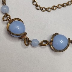 Vintage Glass Beaded Necklace Blue Gold Tone Choker 16″