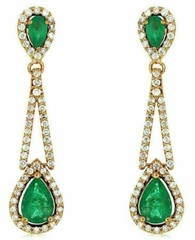 ESTATE 2.46CT DIAMOND & AAA EMERALD 14KT YELLOW GOLD PEAR SHAPE HANGING EARRINGS
