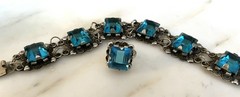 Antique Vintage Mexico Silver Blue Glass Bracelet 7 Inches Ring 5.5 Handmade