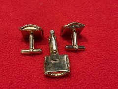 Vintage Cufflinks & Tie Bar – Gold Tone Mother of Pearl Like w/Rhinestone Center