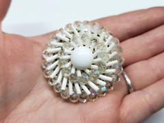 Vintage Western Germany Beaded Brooch Pin White AB Aurora Borealis Jewelry