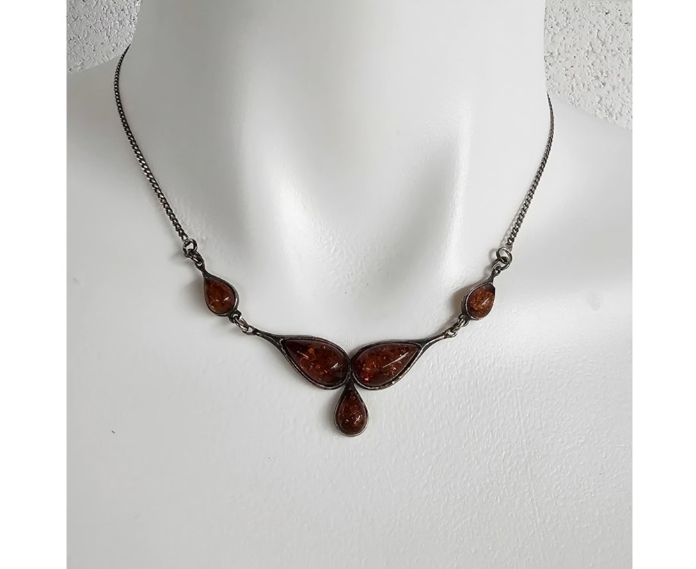 Vintage Baltic Amber & .925 Sterling Silver Teardrop Bib Necklace
