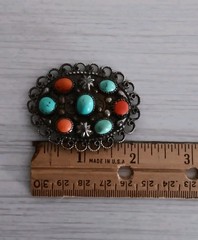 Antique Chinese Brass Turquoise & Coral Oval Brooch