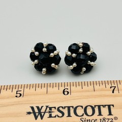 Vintage Style Cluster Earrings Pierced Stud Round Black Bead Faux Pearl Elegant