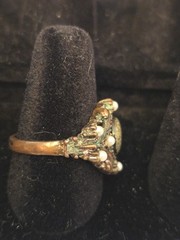 Vintage Costume Jewelry Copper Marbel Lke Stone Faux Pearls Scroll Work Ring