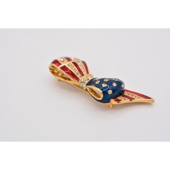 Carolee Vintage American Flag Bow Pin Brooch Pave Crystal Gold Signed 80s BinAP
