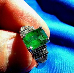 Original EARTH MINED EMERALD DIAMOND Deco Engagement Ring 14K GOLD Solitaire S 7