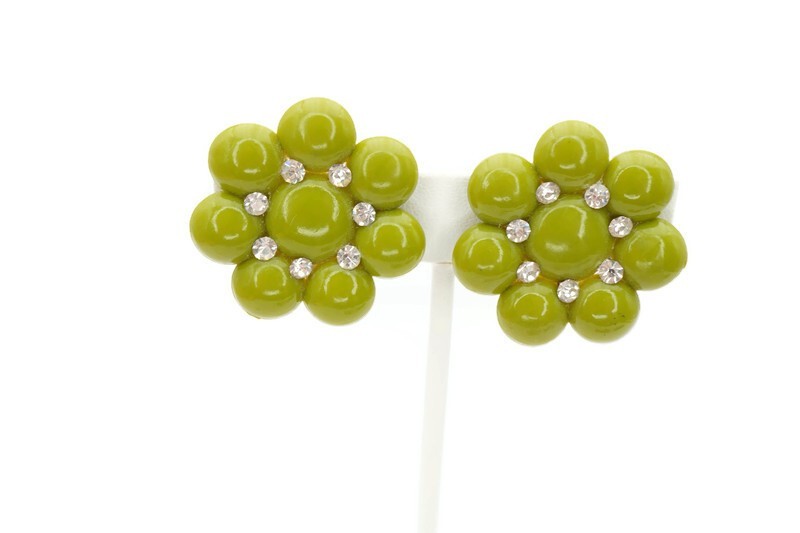 Vintage Clip On Earrings Silver Tone Rhinestone Green Flower