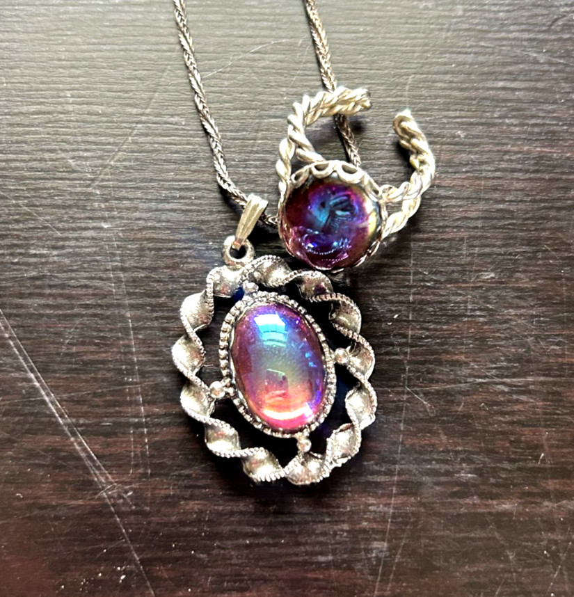 Vintage Peacock Blue Stone Necklace Ring Set Silver Tone Iridescent Galaxy