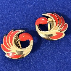 Vintage Oréna Paris Red Enamel Bird Earrings Gold Tone Signed France Phoenix
