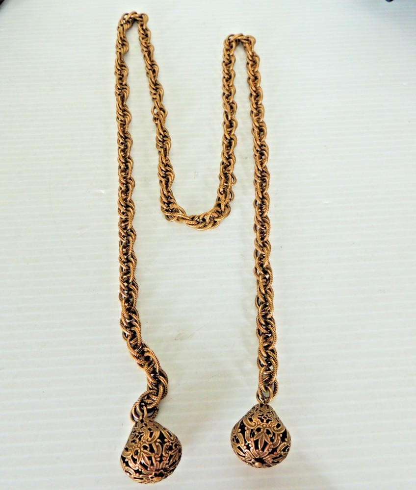 Vintage Lariat Necklace Chain Link FILIGREE Brass Bells Dangle 38” OR BELT