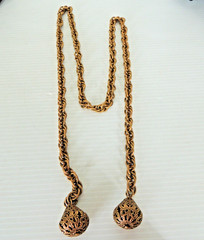 Vintage Lariat Necklace Chain Link FILIGREE Brass Bells Dangle 38” OR BELT