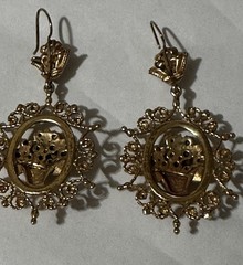 Rare Antique Victorian 14K Gold Earrings Basket Design With Pearl & Turquoise